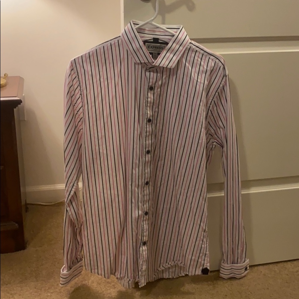 Express Men’s Fitted L Button Up (White Stripped)